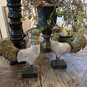 Metal and wood roosters